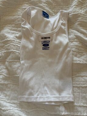 LONELY GHOST White Ribbed Tank with Blue Logo